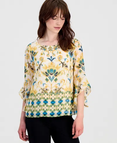 Kasper Petite Ruffle-sleeve Boat Neck Polyester Blouse In Multi