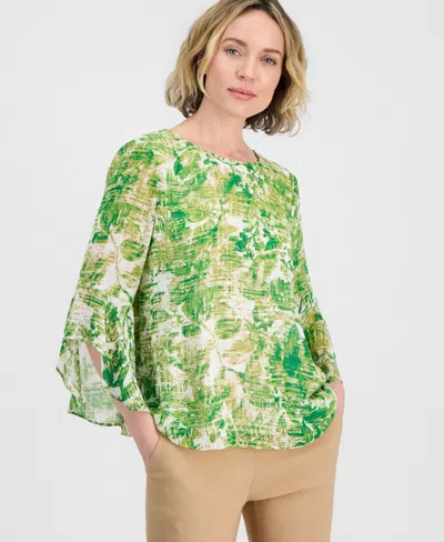 Kasper Petite Ruffle-sleeve Boat Neck Top In Green