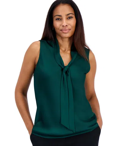 Kasper Petite Satin Tie-neck Sleeveless Blouse In Evergreen