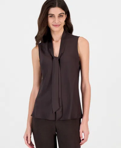 Kasper Petite Satin Tie-neck Sleeveless Blouse In Brown