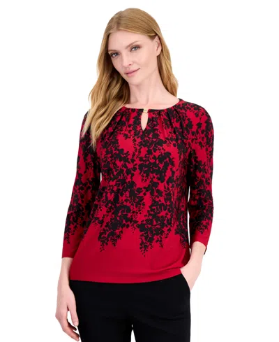 Kasper Petite Scoop-neck 3/4-sleeve Keyhole Blouse In Red