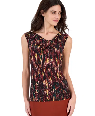 Kasper Petite Shawl Collar C Abstract-print Cowl Neck Cap-sleeve Blouse In Sepia Spice Multi