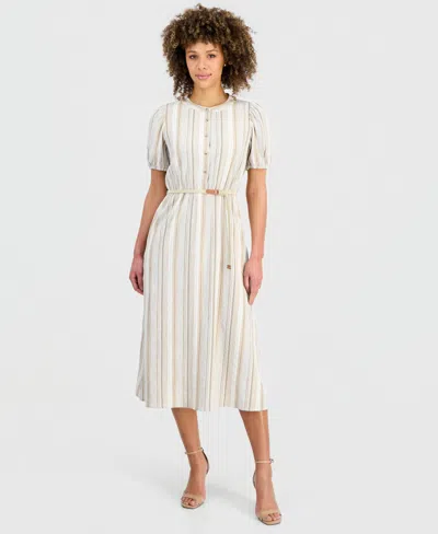 Kasper Petite Short Puff-sleeve Button-up Shirt Dress In Neutral