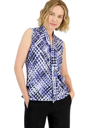 Kasper Petite Sleeveless Tie-neck Plaid Blouse In Royal Signature Multi
