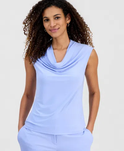 Kasper Petite Solid Cowl Neck Cap Sleeve Blouse In Blue
