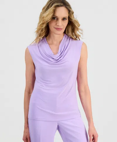 Kasper Petite Solid Cowl Neck Cap Sleeve Blouse In Purple