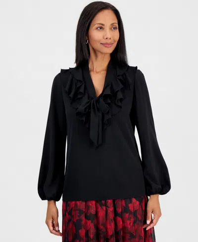 Kasper Petite Solid Georgette Ruffle-neck Blouse In Multi