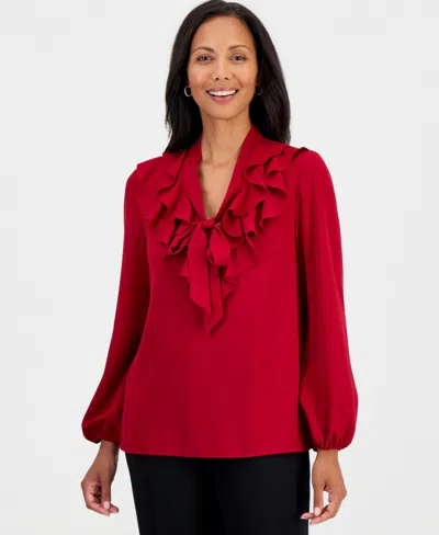 Kasper Petite Solid Georgette Ruffle-neck Blouse In Red