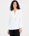 Kasper Petite Solid Georgette Ruffle-neck Blouse In White