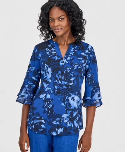 Kasper Petite Split Neck Flutter-sleeve Blouse In Blue