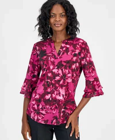 Kasper Petite Split Neck Flutter-sleeve Blouse In Pink