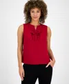 Kasper Petite Split-neck Ruffle-front Sleeveless Blouse In Red
