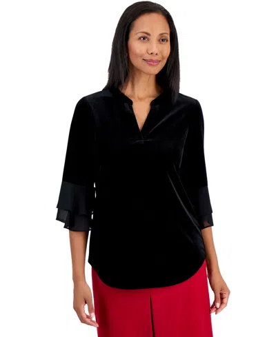 Kasper Petite Split-neck 3/4-length-flutter-sleeve Velvet Blouse In Animal Print