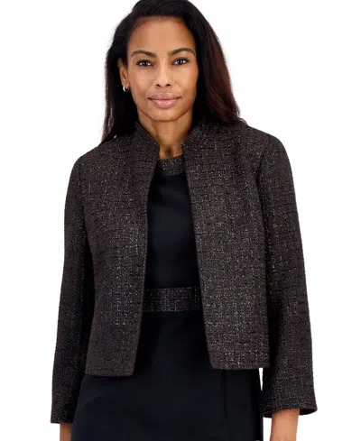 Kasper Petite Stand Collar Bell-sleeve Cropped Cardigan In Rich Chocolate,black