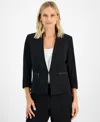 Kasper Petite Stretch-crepe Zipper-pocket Open-front Cuffed Blazer In Black