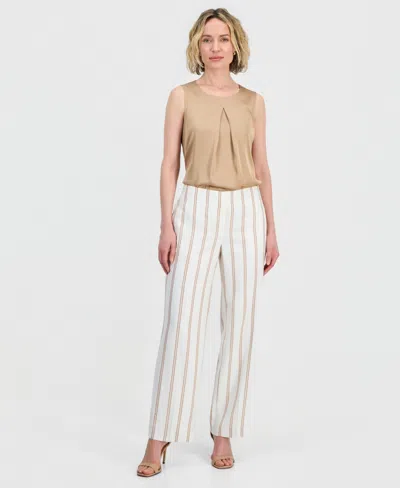 Kasper Petite Striped Wide-leg Mid-rise Pants In Brown