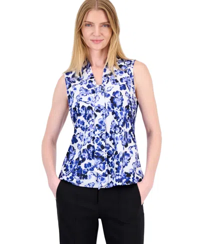 Kasper Petite Tie Neck Sleeveless Floral Satin Blouse In Multi