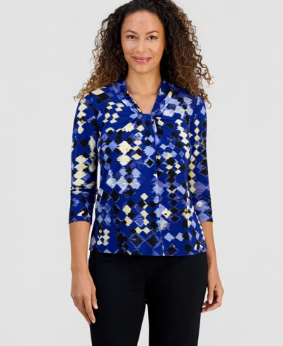 Kasper Petite Twist-neck 3/4-sleeve Top In Blue