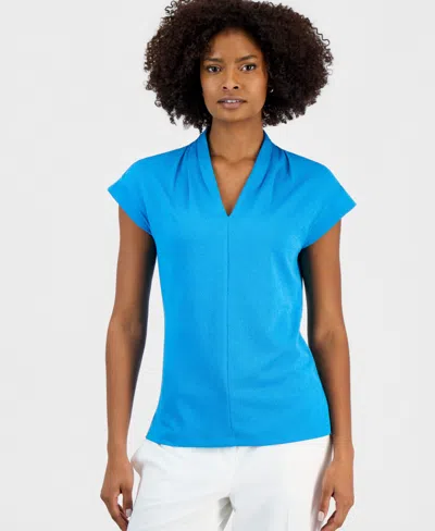 Kasper Petite V-neck Pull-on Blouse In Blue
