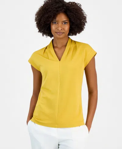 Kasper Petite V-neck Pull-on Blouse In Yellow