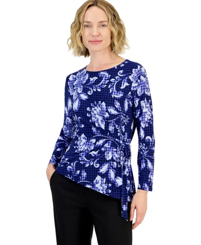 Kasper Petite Wrap-front Floral-print 3/4-sleeve Knit Top In Royal Signature Multi