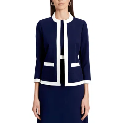 Kasper Petites Womens Contrast Trim Polyester Open-front Blazer In Blue