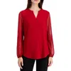Kasper Petites Womens Flocked Mesh Sleeve Blouse In Red