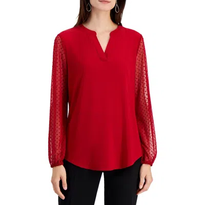 Kasper Petites Womens Flocked Mesh Sleeve Blouse In Red