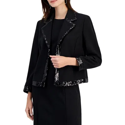 Kasper Petites Womens Sequined Polyester Open-front Blazer In Black