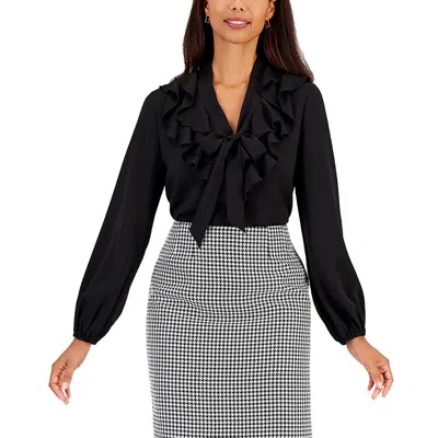 Kasper Petites Womens Tie-neck Long Sleeve Blouse In Black