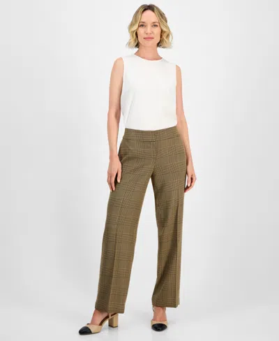 Kasper Plaid Check Mid-rise Straight-leg Pants, Regular & Petites In Brown