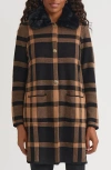 Kasper Plaid Coat With Faux Fur Collar In Brown