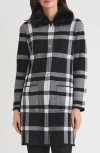 Kasper Plaid Coat With Faux Fur Collar In Black