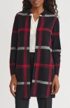 Kasper Plaid Longline Open Front Sweater Coat In Black