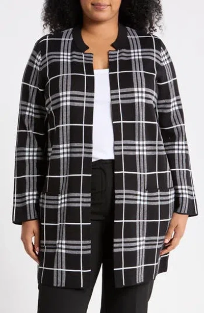 Kasper Plaid Open Front Cardigan In Black