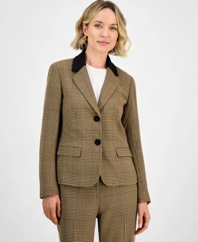 Kasper Plaid Two-button Notch-collar Jacket, Regular & Petites In Brown