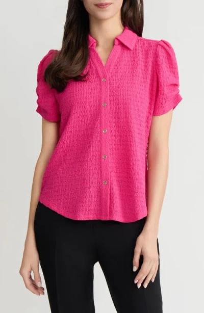 Kasper Pleat Sleeve Ridge Knit Button-up Shirt In Pink