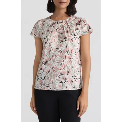 Kasper Pleated Neck Fan Print Top In Multi