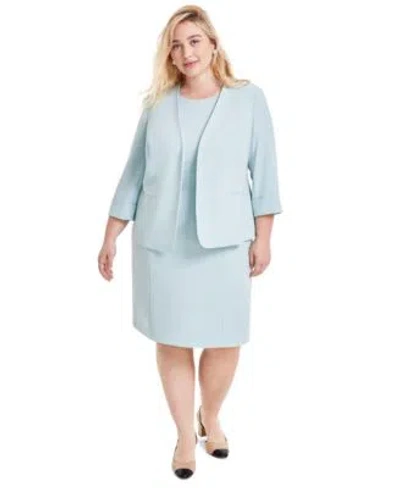Kasper Plus Size Sleeve Open Front Jacket Sheath Dress In Sea
