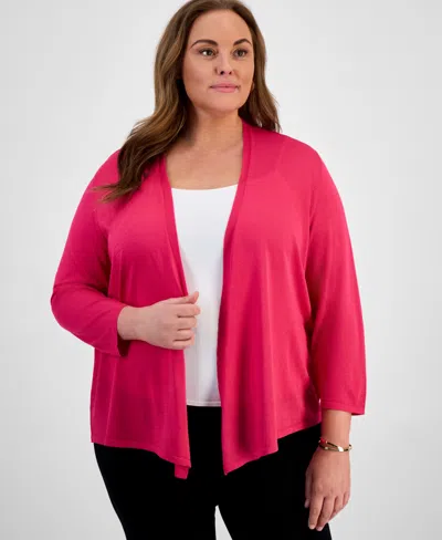 Kasper Plus Size 3/4-sleeve A-line Cardigan In Pink Perfection