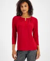 Kasper Plus Size 3/4-sleeve Pintucked Keyhole Top In Red