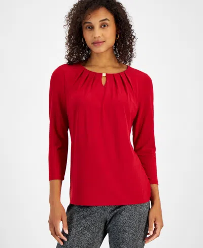 Kasper Plus Size 3/4-sleeve Pintucked Keyhole Top In Red