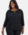Kasper Plus Size 3/4-sleeve Pleated Keyhole Top In Black