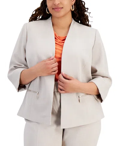 Kasper Plus Size 3/4-sleeve Zip-pocket Jacket In Summer Straw