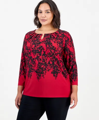 Kasper Plus Size 3/4-sleeve Floral Keyhole Blouse In Multi