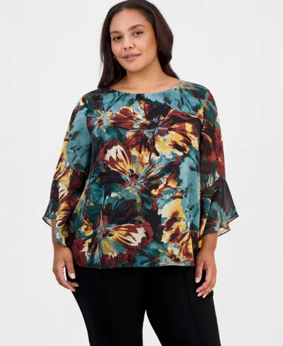 Kasper Plus Size 3/4-sleeve Ruffled Floral-print Blouse In Multi