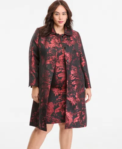 Kasper Plus Size 3-button Peter Pan Collar Floral Jacquard Blazer In Burgundy