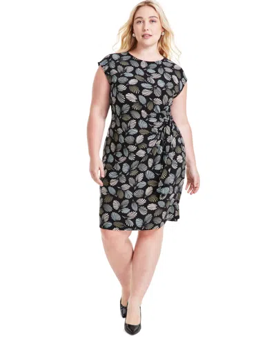 Kasper Plus Size Abstract-print Cap-sleeve Dress In Black,sea Glass