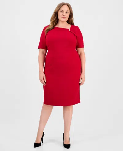 Kasper Plus Size Asymmetric Elbow-sleeve Sheath Dress In Red