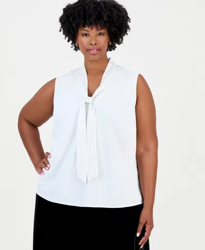 Kasper Plus Size Audrey Sleeveless Tie Front Blouse In White
